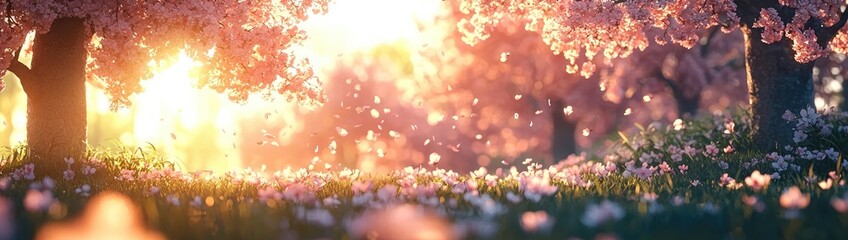 Dreamy Cherry Blossom Orchard in Full Spring Bloom with Falling Petals and Soft Pink Serenity