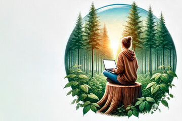 Fototapeta premium A girl with a laptop is sitting on a stump in the forest. Space for text.