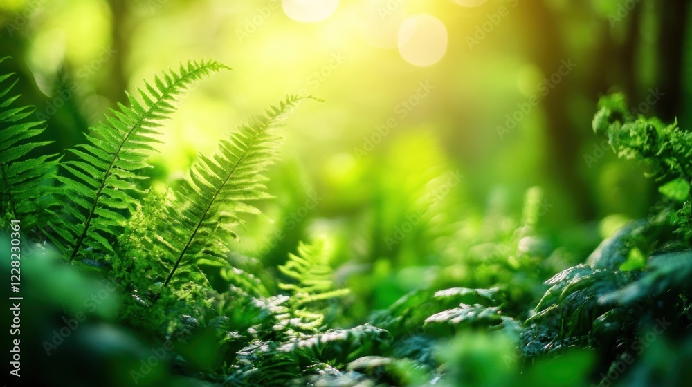 Aufkleber lush green ferns illuminated by sunlight in forest