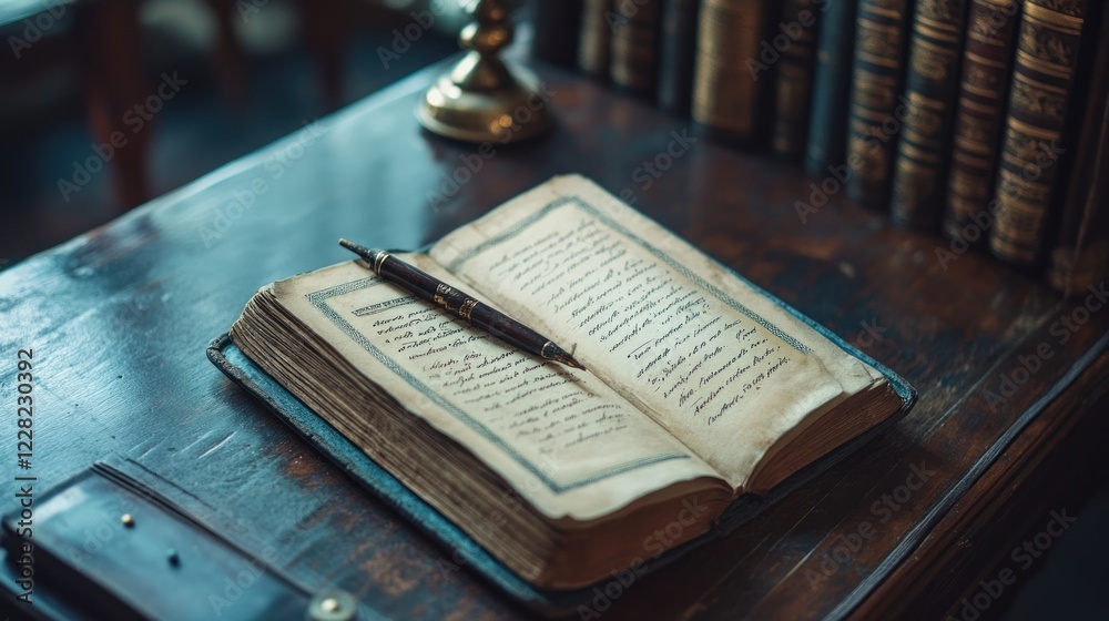Poster antique book open with pen resting on pages