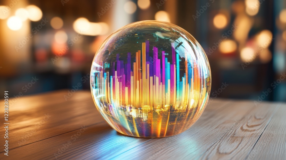 Poster glass sphere encapsulating colorful data bars and city lights