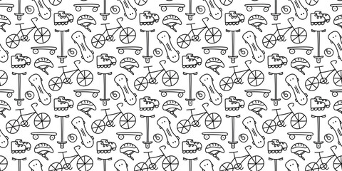 Hobby Doodle Pattern. Sport Bicycle, scooter, skateboard and roller Skates. Personal two-wheeled transport. Outline hand drawn symbols. Helmet. Seamless passion print. Contour. Vector illustration