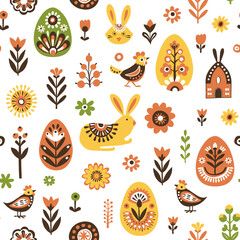 Scandinavian Easter Pattern with Bunnies, Eggs, Flowers, and Birds