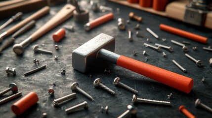 Small Hammer and Assorted Hardware on Dark Surface