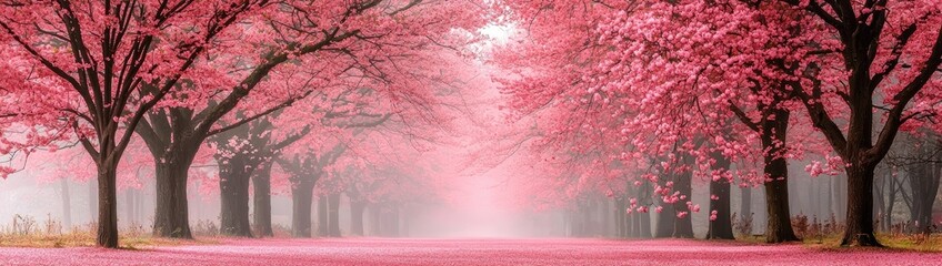 Dreamy Cherry Blossom Orchard in Full Spring Bloom with Falling Petals and Soft Pink Serenity