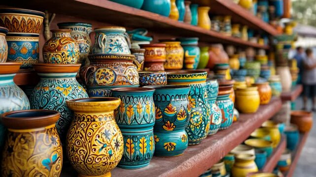 Vibrant ceramic pottery display in rich colorful patterns on decorative shelves