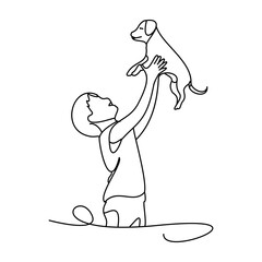 A happy child playing with his dog, depicted in lines. A minimal drawing that highlights the love of pets in urban life.