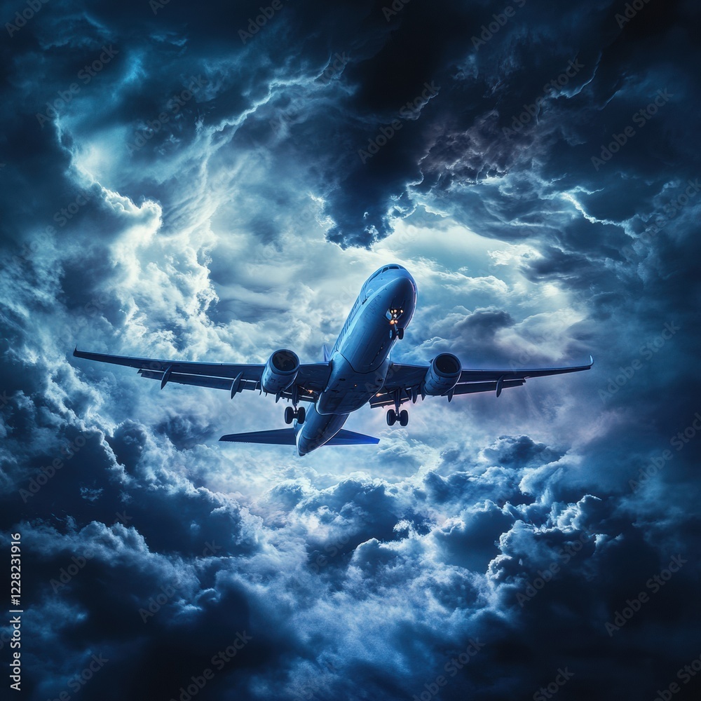 Aufkleber dramatic airplane flying through stormy clouds at twilight with lightning illuminating the sky. gene