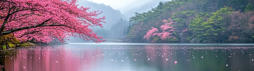 Dreamy Cherry Blossom Orchard in Full Spring Bloom with Falling Petals and Soft Pink Serenity