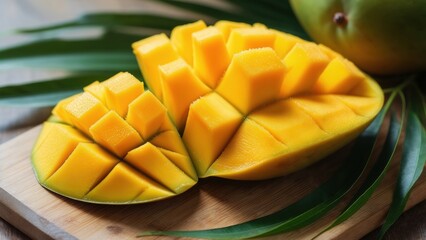 Freshly cut mango beautifully arranged on a wooden platter with green leaves