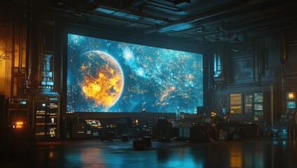 Futuristic Space Control Room: Observing a fiery Planet