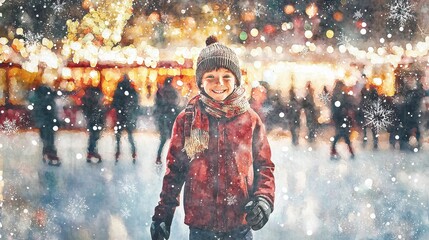 Artistic drawing painting of people enjoying ice skating