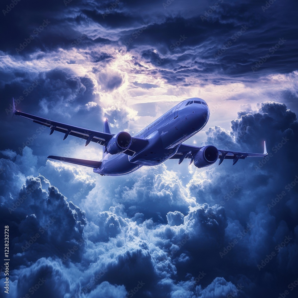 Poster Skyward journey through dark storm clouds as an airplane navigates turbulent weather in the twilight hours. Generative AI