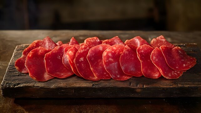 Sliced Salami Arrangement on Wooden Board