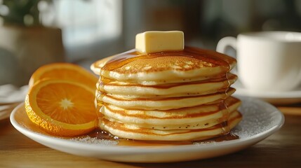 Delicious Pancakes with Maple Syrup and Orange Slices