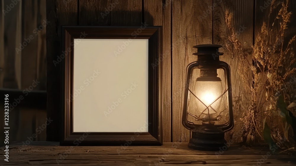 Poster Rustic Still Life Featuring Frame and Lantern