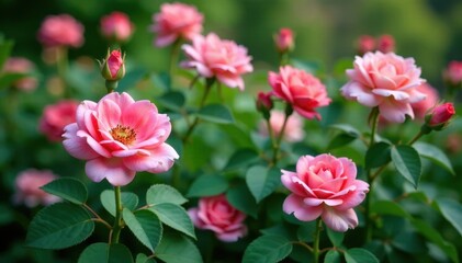 Pink rose bushes with lush green foliage and blooms, bushes, garden, growth