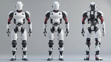 Fototapeta premium Futuristic robot models, three views, studio shot, empty background