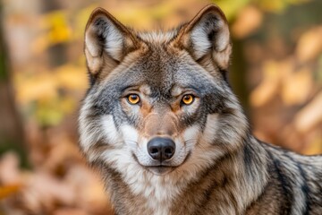 Naklejka premium Close-up view of a wolf's eyes shows an intense amber gaze that reflects the surrounding wilderness, capturing the essence of nature's beauty in exquisite detail