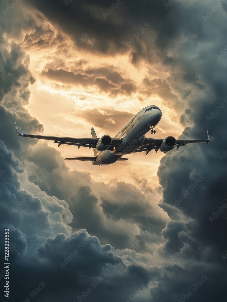 Poster airplane navigating through dramatic clouds during sunset in the sky. generative ai