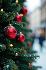 Dangling red spherical ornaments on a lush pine tree, holly, winter theme, dangling lights