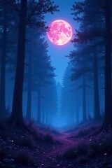 Softly glowing moonlight illuminates a misty forest with shades of blue purple pink, blue, softly, moonlight