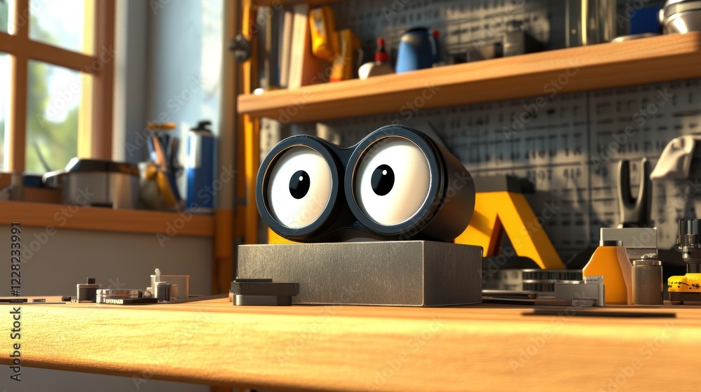 Poster A curious robot sits on a workbench in a workshop