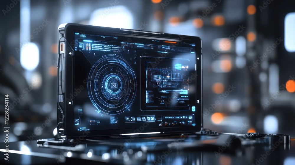 Poster Futuristic Tablet Displaying Advanced Interface Data
