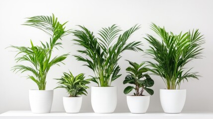 Five Green Potted Plants Against White Wall
