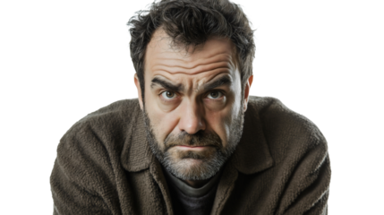 Serious Portrait of Pensive Man with Beard and Gray Hair Reflecting Emotion and Intensity