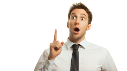 Surprised Businessman Pointing Finger to Idea Announcement with Excitement on White Background