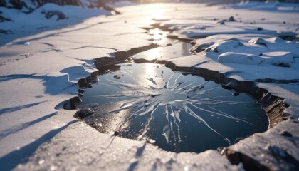 Ice cracking in the sun creating a beautiful scene with warm light shining through cracks and crevices on a frozen puddle winter scenery, crackling ice, ice cracking sound