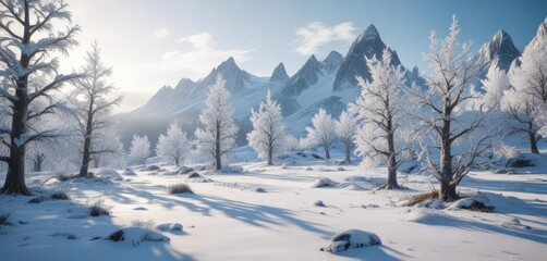 Ice formations and frosty trees on an Arctic mountain slope, arctic, frost, frosty