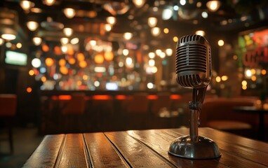 Vintage Microphone on Wooden Table in a Blurred Bar Setting