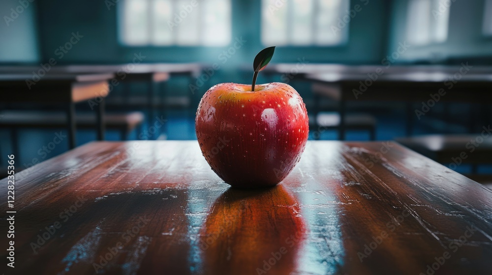 Poster A Red Apple Sits On A Wooden Desk In A Classroom