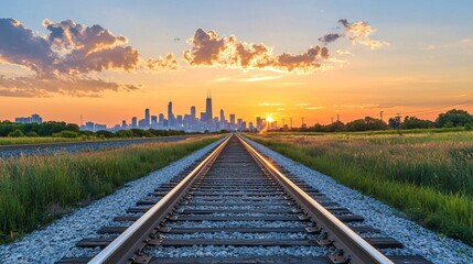 Fototapeta premium Sunset view over railway tracks leading to a bustling city skyline surrounded by greenery