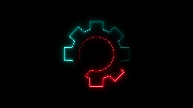 Neon Glowing Settings Gear and wrench icon animation. Adjusting, service, setting, maintenance, repair, fixing icon animated.