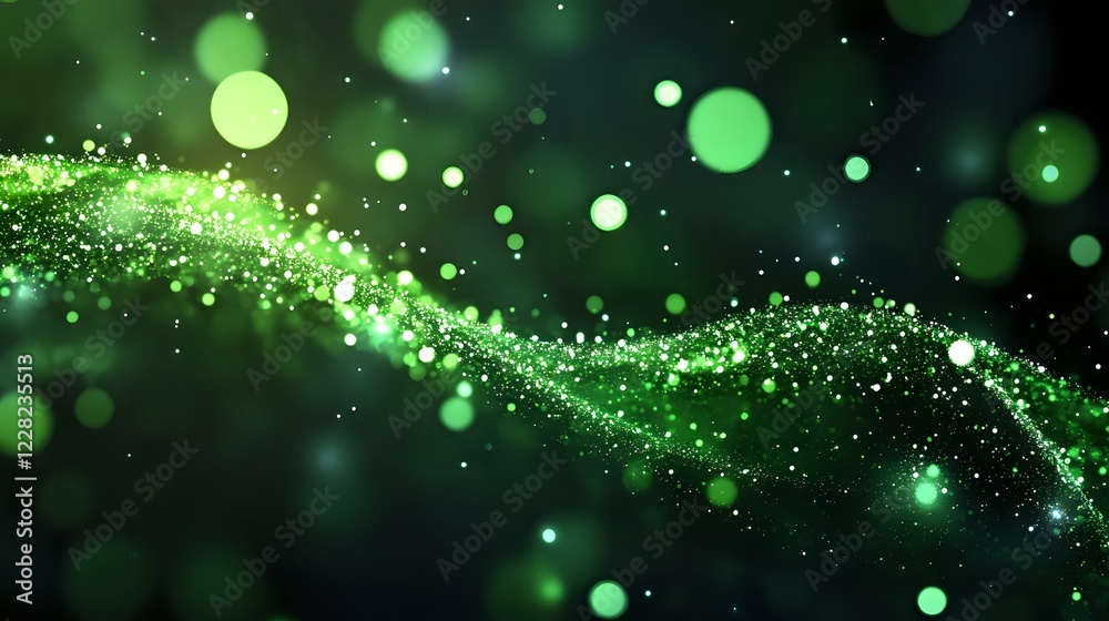 Poster glowing green particles forming dynamic wave pattern against dark background with bokeh light effect