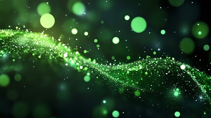Glowing green particles forming dynamic wave pattern against dark background with bokeh light effects and sparkles, creating magical atmosphere.