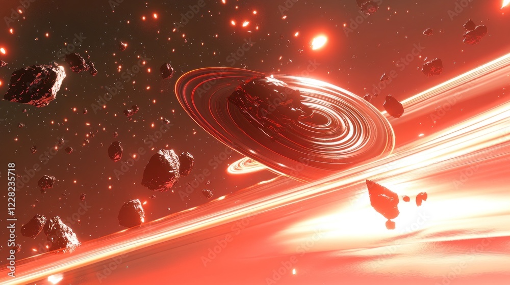 Poster red planet ring system with asteroids and debris