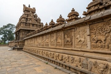 Fototapeta premium Intricate stone carvings on an ancient wall depicting mystical creatures, mysterious, art, architecture, mystic, stone carving
