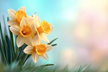 Fototapeta premium Bouquet of yellow flowers with a blue background