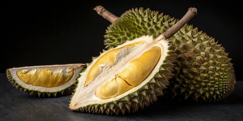 Fototapeta premium Isolated durian fruit on a black background with bold and bright colors of its skin and flesh, geometric shapes, food photography, tropical fruit