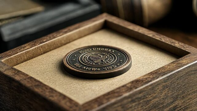 Wooden box opens to reveal intricately crafted coin with elegant engravings