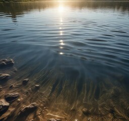Lake's surface with sunbeams creating ripples at afternoon, glowing surface, shining water, radiant light