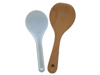 wooden and plastic spoon isolated on white