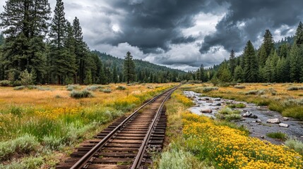 Cloudy day along abandoned railway tracks beside a vibrant meadow in a serene forest landscape