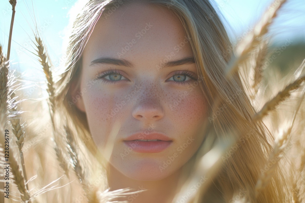 Aufkleber rays of sunlight illuminate the golden ears of wheat framing a serene face in a vibrant field. gener