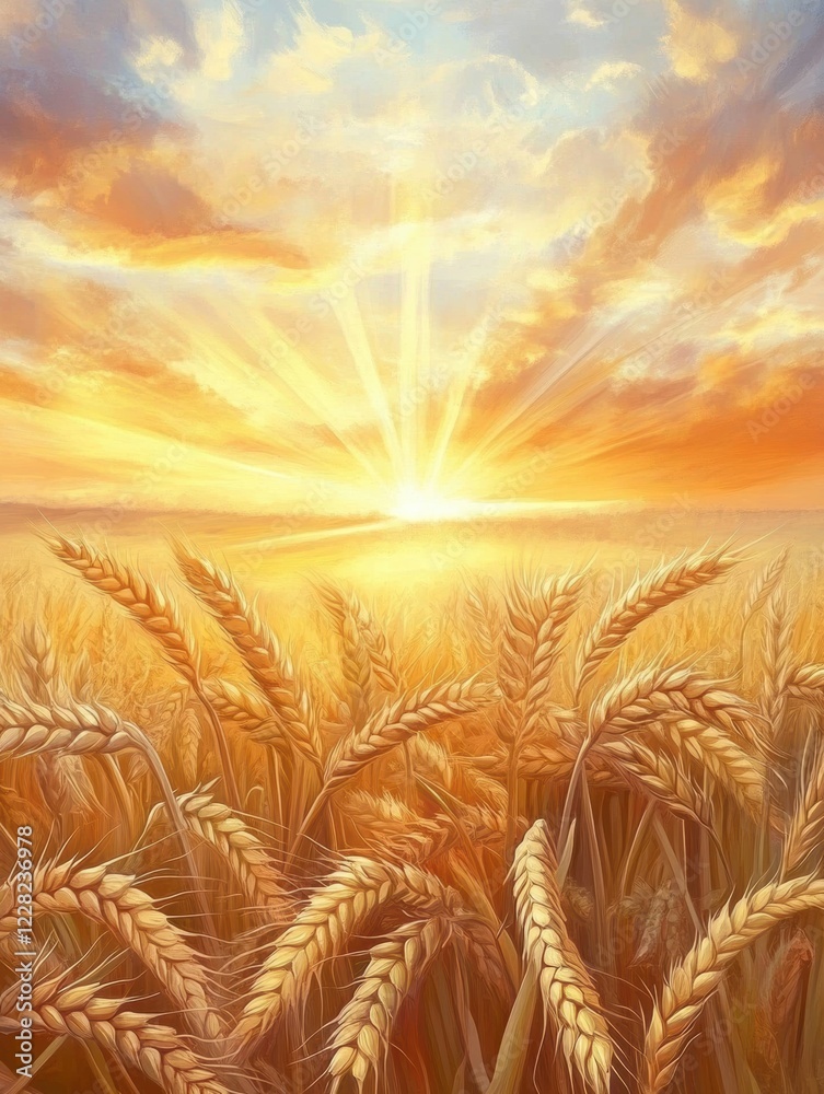 Fototapete sunrise illuminating golden wheat fields with rays shining through abundant stalks. generative ai