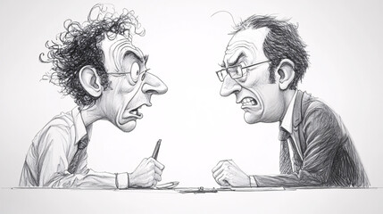 Hand-drawn caricature sketch of two men in a heated argument, highlighting intense expressions and gestures in a monochrome illustration